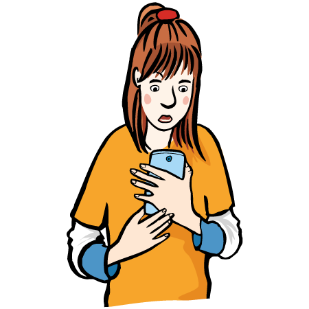 Ein Mädchen schaut in ihr handy. Etwas erschreckt sie.